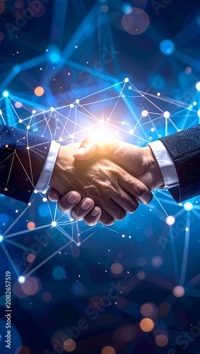 Business partnership handshake with digital network connection background