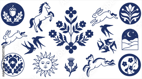 Collection of Blue Folk Art Style Icons Featuring Animals Nature Motifs and Celestial Symbols for Graphic Design Projects