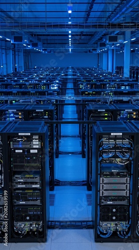 Server racks in server room data center—Cloud Computing, Artificial Intelligence, Database Concept: 8k realistic portrait blue background only background 
