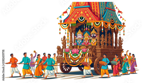 Foto Rath Yatra Festival Decorative Chariot with Lord Jagannath Flat Vector Illustrat