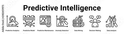 Photos Predictive Intelligence web banner icon vector illustration concept for technology with icon of Predictive Analytics, Predictive Model, Predictive Maintenance, Anomaly Detection, Data Mining,