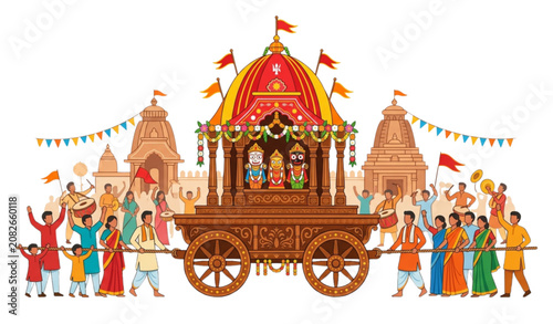 Canvastavla Lord Jagannath Rath Yatra Flat Vector Illustration with Traditional Chariot, Hin