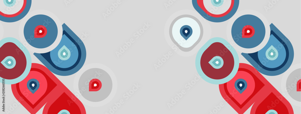 Naklejka premium Abstract geometric shapes, red, blue, gray tones. Circles, curves, overlapping forms create modern pattern. Minimalist design.