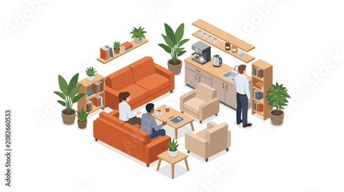 Foto Isometric Illustration of People in a Modern Office Breakroom