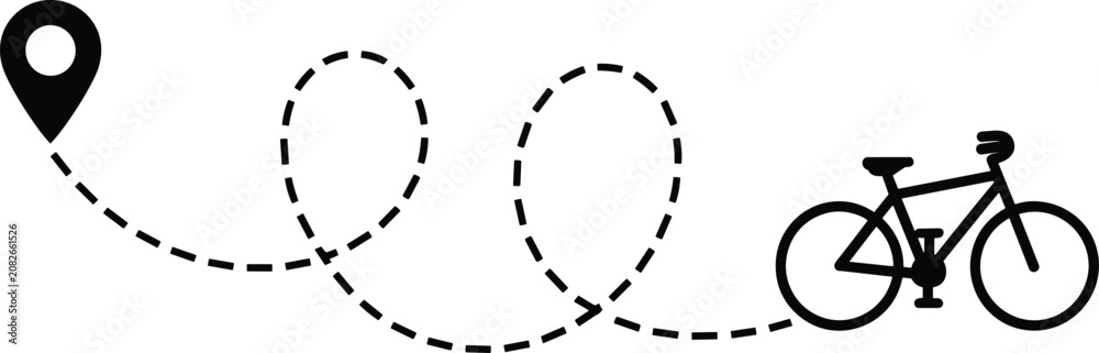 Fototapeta premium Black and white showing a bicycle silhouette connected to a location pin marker by a dashed line path on a white background