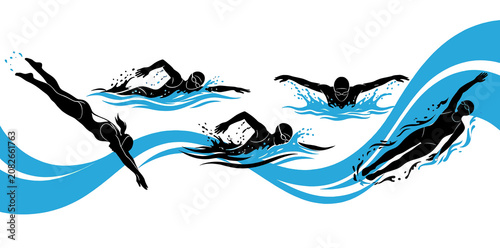 Swimming Logo - Blue Silhouette of Swimmer on Water Waves -