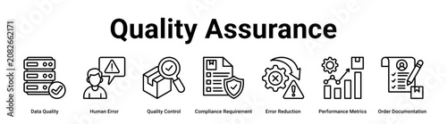 Quality Assurance web banner icon vector illustration concept for business with icon of Data Quality, Human Error, Quality Control, Compliance Requirement, Error Reduction, Performance Metrics, Order.