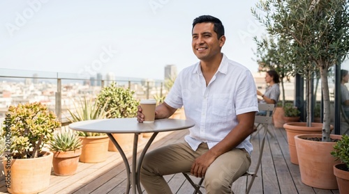 Generative AI, Man relaxing with coffee on a rooftop terrace