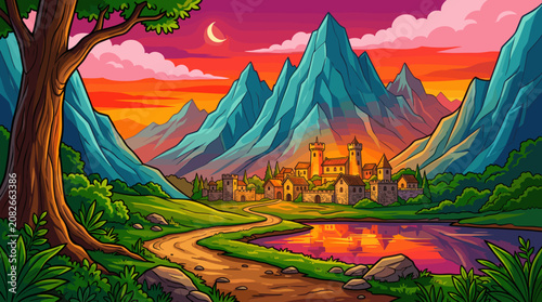 Castle Nestled in Mountain Valley at Sunset