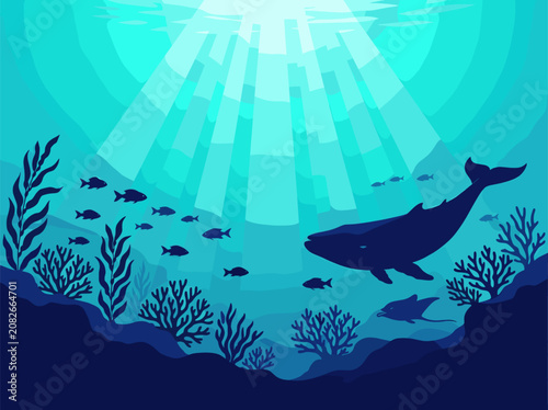 Whale Swimming Gracefully Through Coral Reef Underwater Scene Illustration