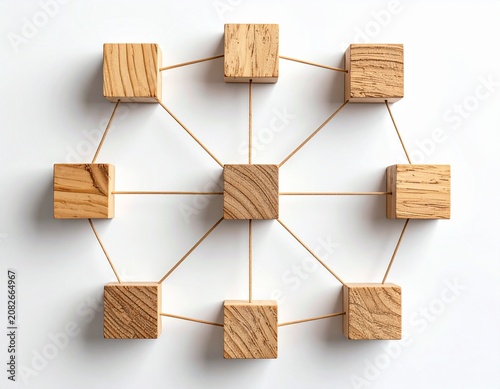 Connected wooden blocks forming a network, representing connection and synergy