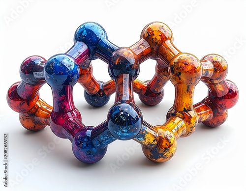 A colorful molecular structure toy with interconnected spheres, representing science and complexity. The toy has a vibrant, abstract design with shades of blue, purple, orange, and red.