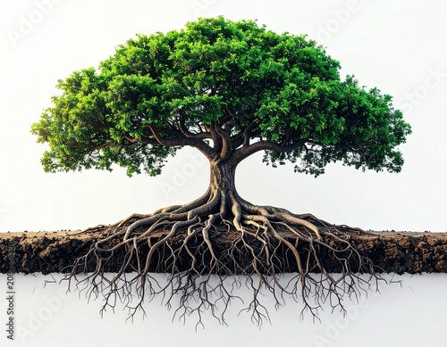 A large, lush green tree with an intricate root system exposed, symbolizing growth and stability