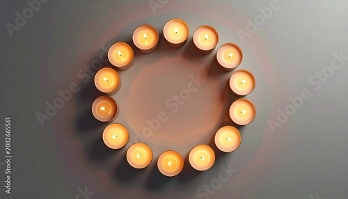 A circle of lit tea lights on a grey surface, casting a warm, inviting glow. The candles are arranged closely together, creating a sense of unity and tranquility
