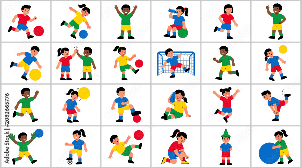 Fototapeta premium A vibrant collection of diverse children enthusiastically playing soccer and engaging in various active sports and games.