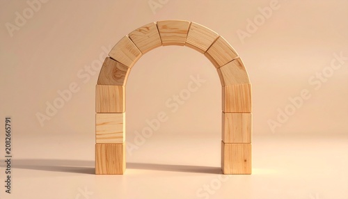 A minimalist wooden archway formed by stacked blocks, symbolizing structure and foundation