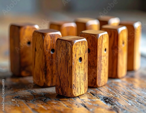 A group of wooden chess pieces, carefully arranged on a wooden surface