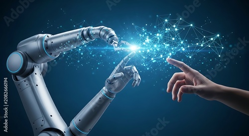 Futuristic Robot Arm Reaching Toward Human Finger in Tech Network