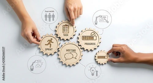 Teamwork Gears Concept with Task Progress Meeting and Sprint