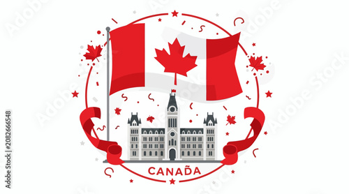Canada Day celebration with flags and parliament building