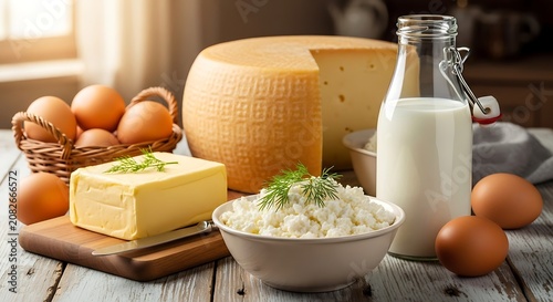 Fresh Dairy Products Cheese Milk Egg Butter on Rustic Kitchen Table