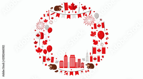 Canada Day Celebration Wreath: Maple Leafs, Flags, Fireworks, City Skyline, Beavers