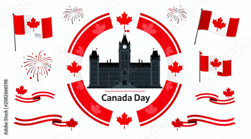 Canada Day celebration with flags and fireworks