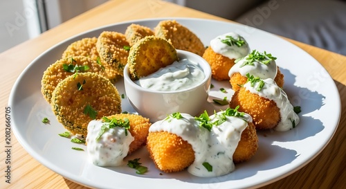Crispy Fried Croquettes with Creamy Dipping Sauce and Herb Garnish on White Plate