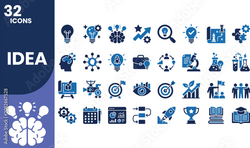 Professional two-tone blue and navy idea solid icon set featuring innovation, brainstorming, creativity, leadership, startup concepts, strategy, research, and business growth symbols.