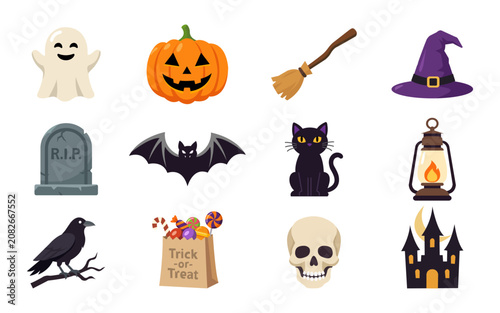 Halloween flat icon set collection isolated on white background.