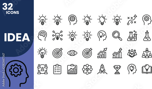 Professional idea line icon set featuring innovation, brainstorming, creativity, strategy, leadership, startup concepts, design thinking, research, and business solution outline symbols.