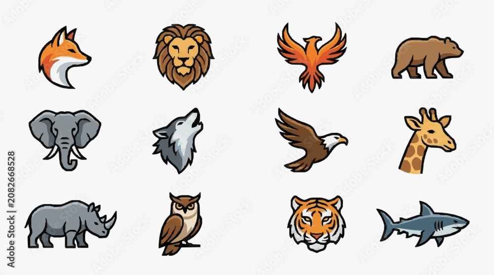 Obraz premium Clean Icons of Various Animals and Mythical Creatures in Flat Design Style with high quality professional line art symbols for modern creative design and digital branding projects