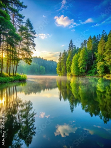 Serene lake surrounded by tall trees and lush greenery at dawn