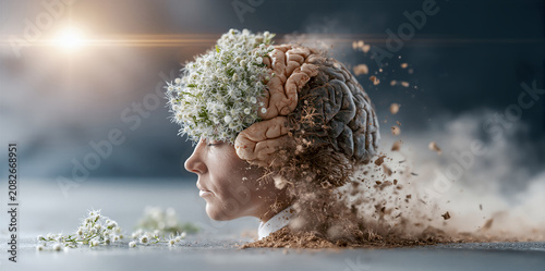 Vivid depiction of mental rejuvenation symbolized by blooming brain and soilbased decay