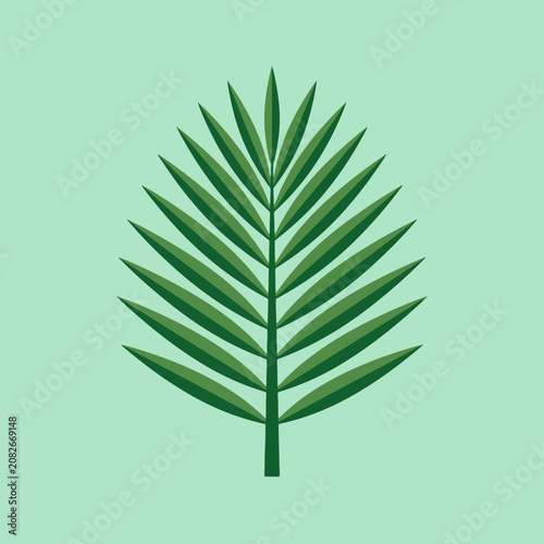A green palm leaf illustration on a light mint background