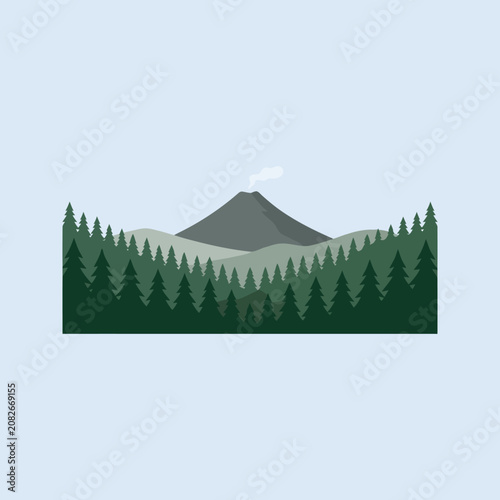 Flat vector illustration of a volcano behind a pine forest