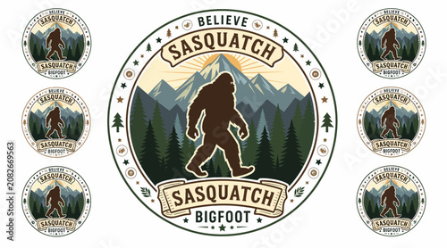 Believe Bigfoot Sasquatch Mountain Landscape Emblem Vintage Style Label