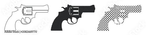 Revolver Gun Vector Icon Set, three distinct weapon styles including outline, solid black, and halftone pattern, ideal for security, crime, or vintage design projects