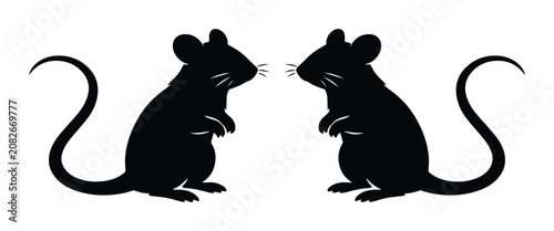 Two black rat silhouettes, standing on hind legs, facing each other, with long tails and whiskers. A minimalist rodent vector illustration for pest control, science, or animal themes.