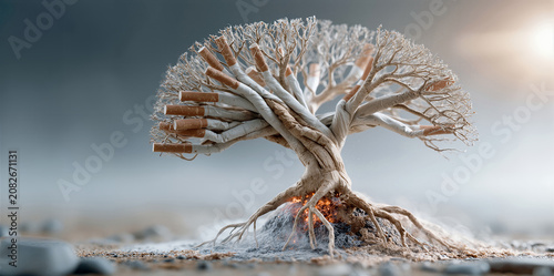 Glowing bonsai with fiery roots amid snowy surroundings embodies rebirth and silent strength