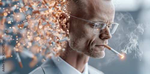Glasseswearing analyst smoking concentrated. Person with glasses dissolving into fiery particles