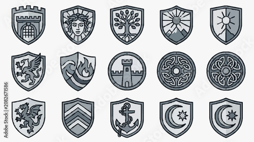 Industrial Style Collection of 15 Monochrome Heraldic Shields with Symbols Crests and Emblems for Logos Branding or Medieval Design