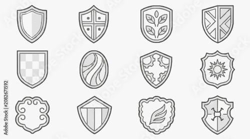 Modern Minimalist Line Art Collection of 12 Unique Shield Crests and Emblems in Black and White