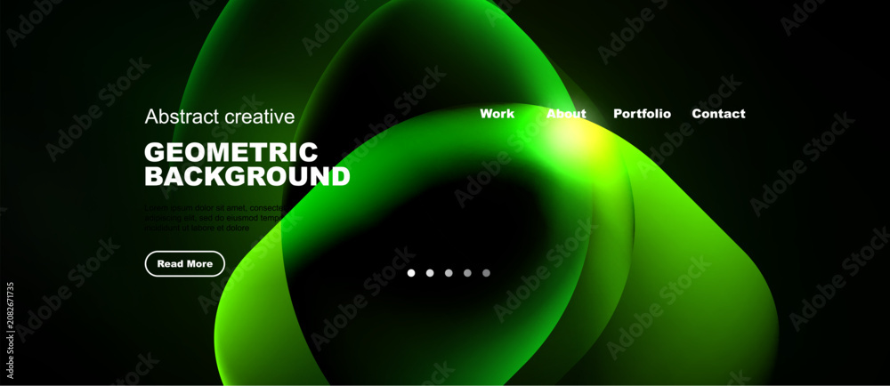 Naklejka premium Dark background features vibrant green fluid shapes. Website header includes navigation options, text, button. Modern design aesthetic.
