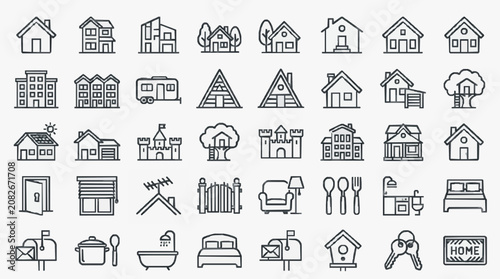 Professional Black and White Line Icons Set Featuring Various Home Building and Household Objects for Design Projects