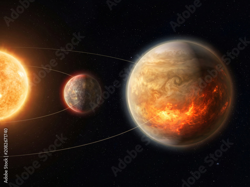 Cosmic vision of a powerful stellar entity casting light upon a terrestrial sphere and a vast gas giant exhibiting intense planetary luminescence portraying the intricate dance of celestial bodies and