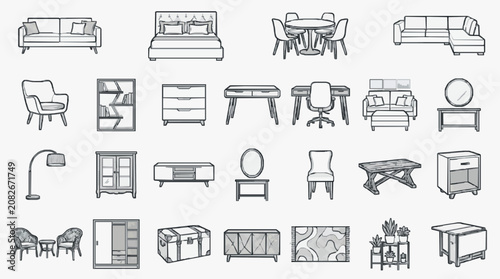 Elegant Minimalist Line Drawing Collection of Modern Furniture and Home Decor in Monochrome with high quality professional line art symbols for modern creative design and digital branding projects
