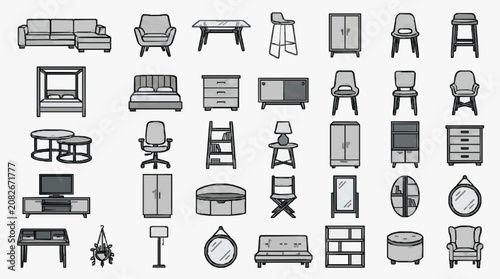 Elegant Minimalist Black and White Line Drawing Collection of Modern Furniture and Home Decor Items