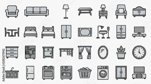 Dynamic Minimalist Line Drawing Icons of Modern Home and Kitchen Furniture and Appliances in Monochrome