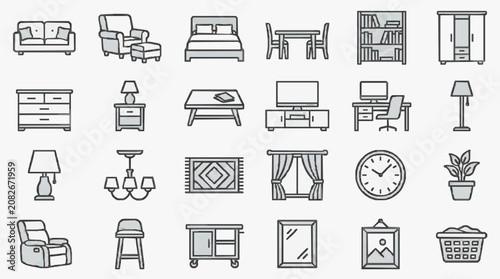 Industrial Style Minimalist Line Drawing Icons Set of Various Home Furniture and Decor Items in Monochrome